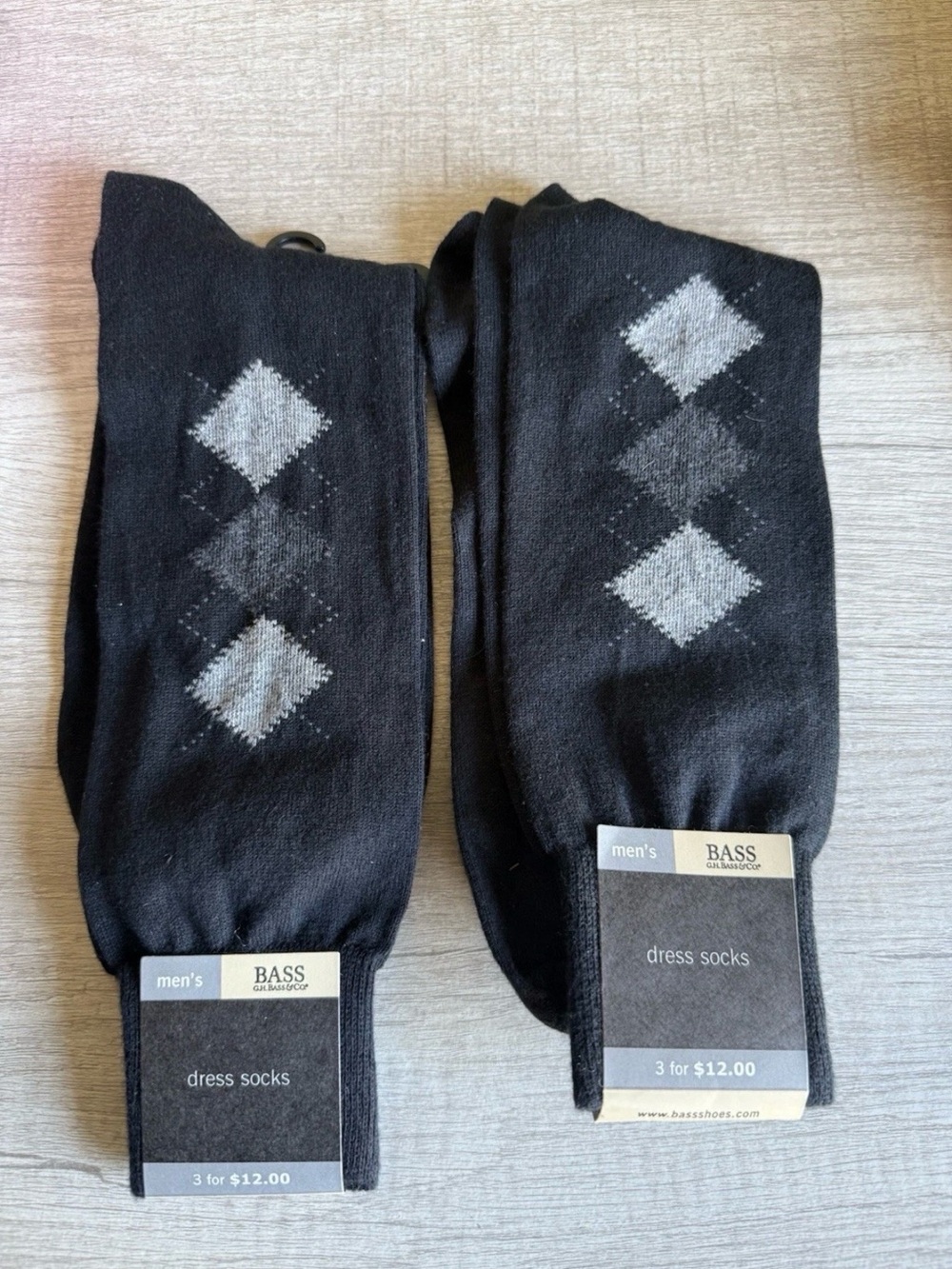 BASS Black Dress Socks with Gray Argyle Diamonds